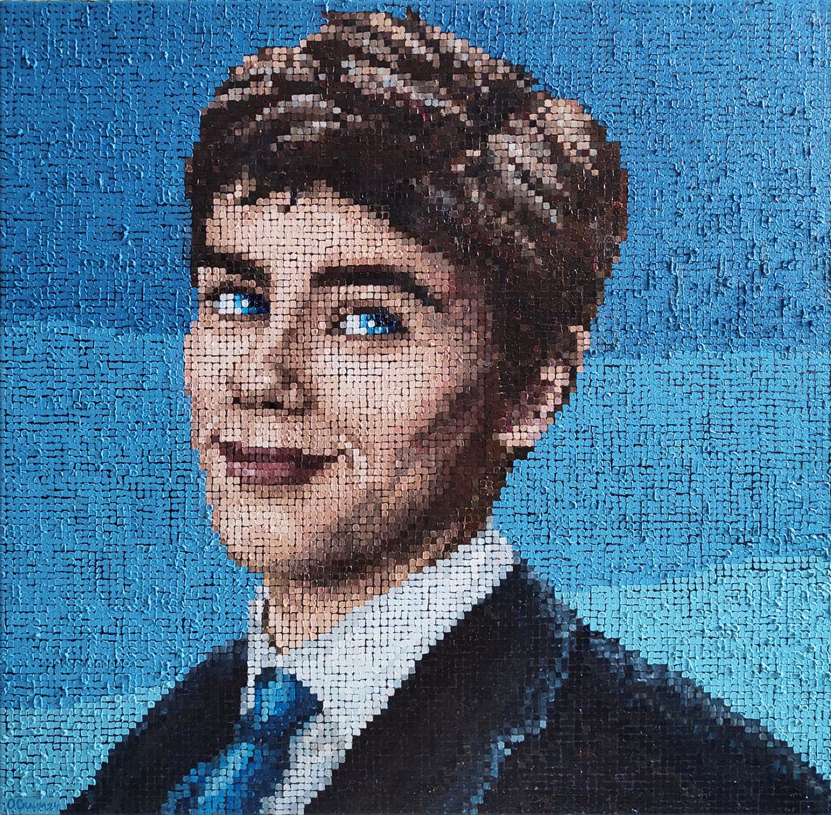 Mosaic portrait of young man in Oksana Sklym oil painting of couple