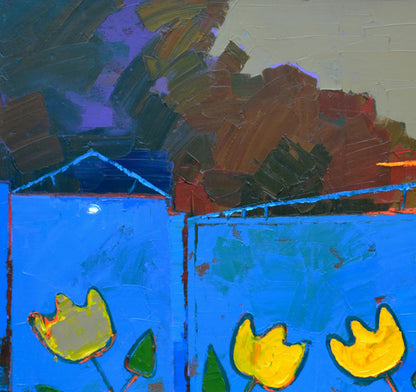 Vibrant yellow tulips on blue wall by Natalia Korf-Ivaniuk oil painting