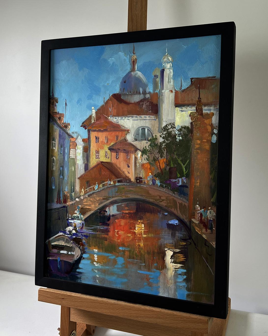 Framed oil painting of Yuriy Suprunchuk bridge over European canal