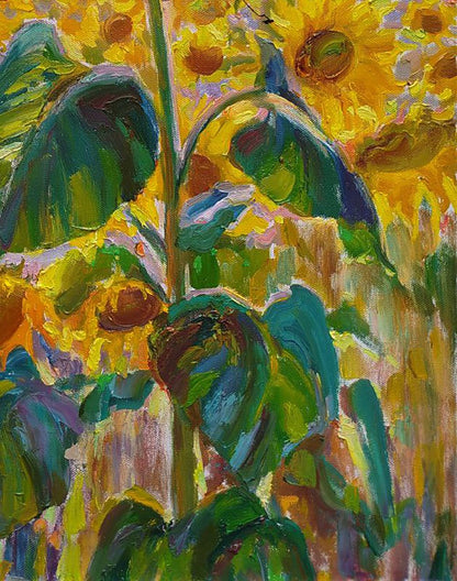 Vibrant impressionist oil painting Among the Sunflowers by Leonid Pavlenko