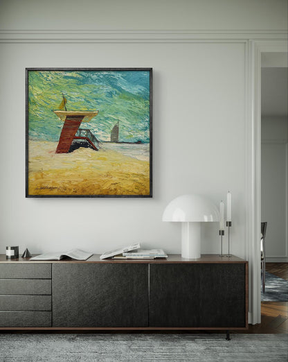 Oil painting Praia de Golfo by Serhiy Kovalev: vibrant beach with red lifeguard tower