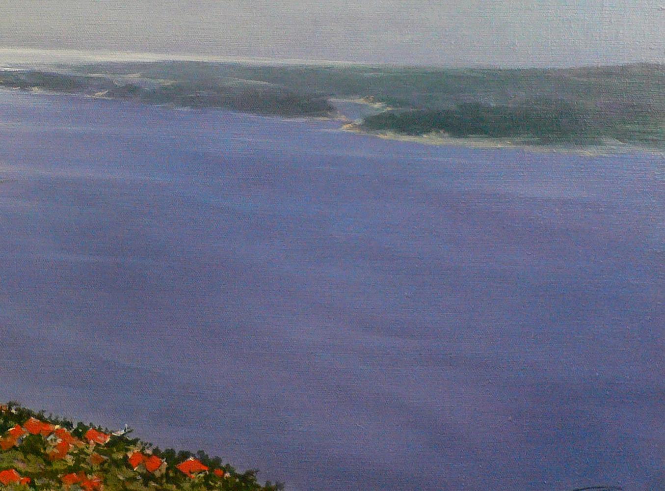 Oil painting of river view by Vasily Korkishko serene blue waterside