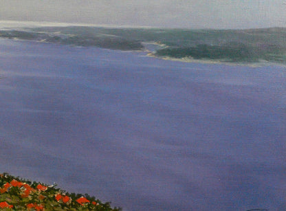 Oil painting of river view by Vasily Korkishko serene blue waterside