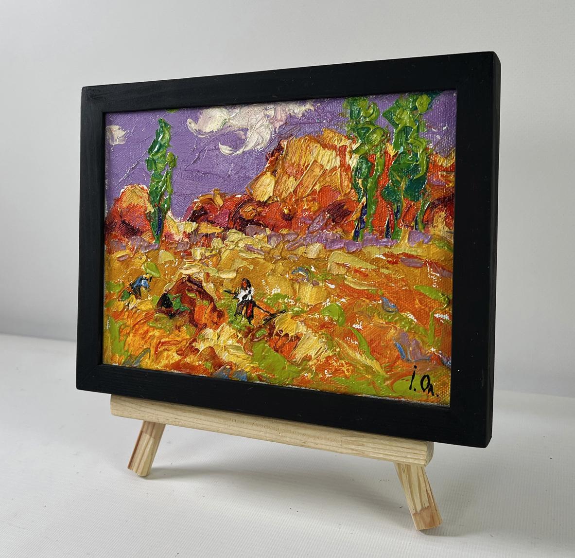 Oil painting August aftergrass Oleksiy Ivanyuk desert landscape in black frame