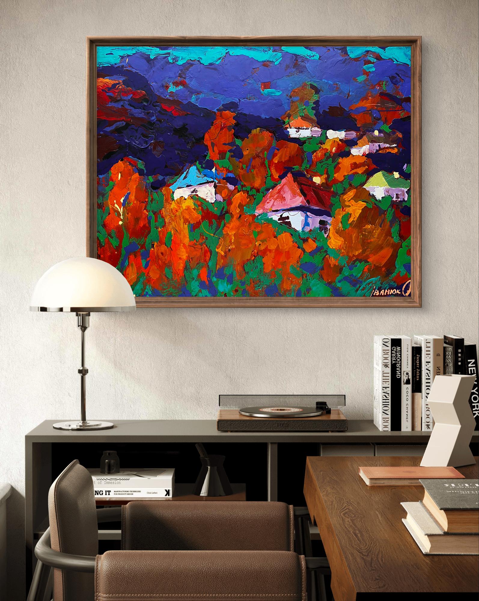 Oil painting Autumn is crimson by Oleksiy Ivanyuk, vibrant orange red green foliage blue sky rustic wood frame