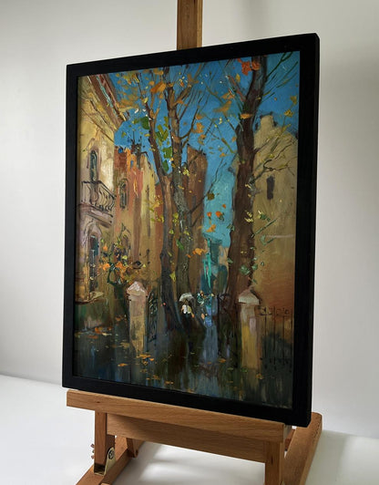 Oil painting Melancholic romance of autumn by Yuriy Suprunchuk in black frame