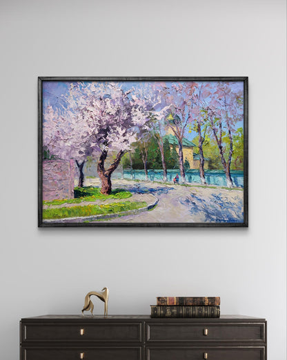 Oil painting Apricot blossom by Boris Serdyuk: blossoming tree-lined path