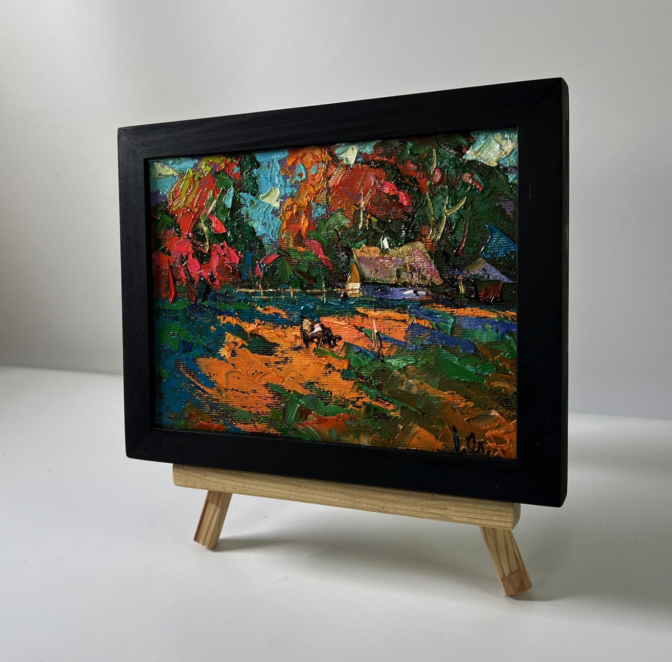 Oil painting Village in the rays of the sun by Oleksiy Ivanyuk in black frame