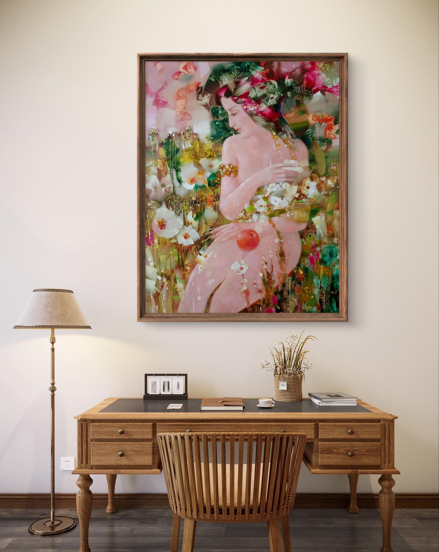 Abstract oil painting Eve by Anatoly Tarabanov: woman in pink with flowers