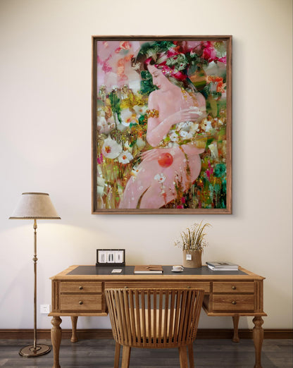 Abstract oil painting Eve by Anatoly Tarabanov: woman in pink with flowers
