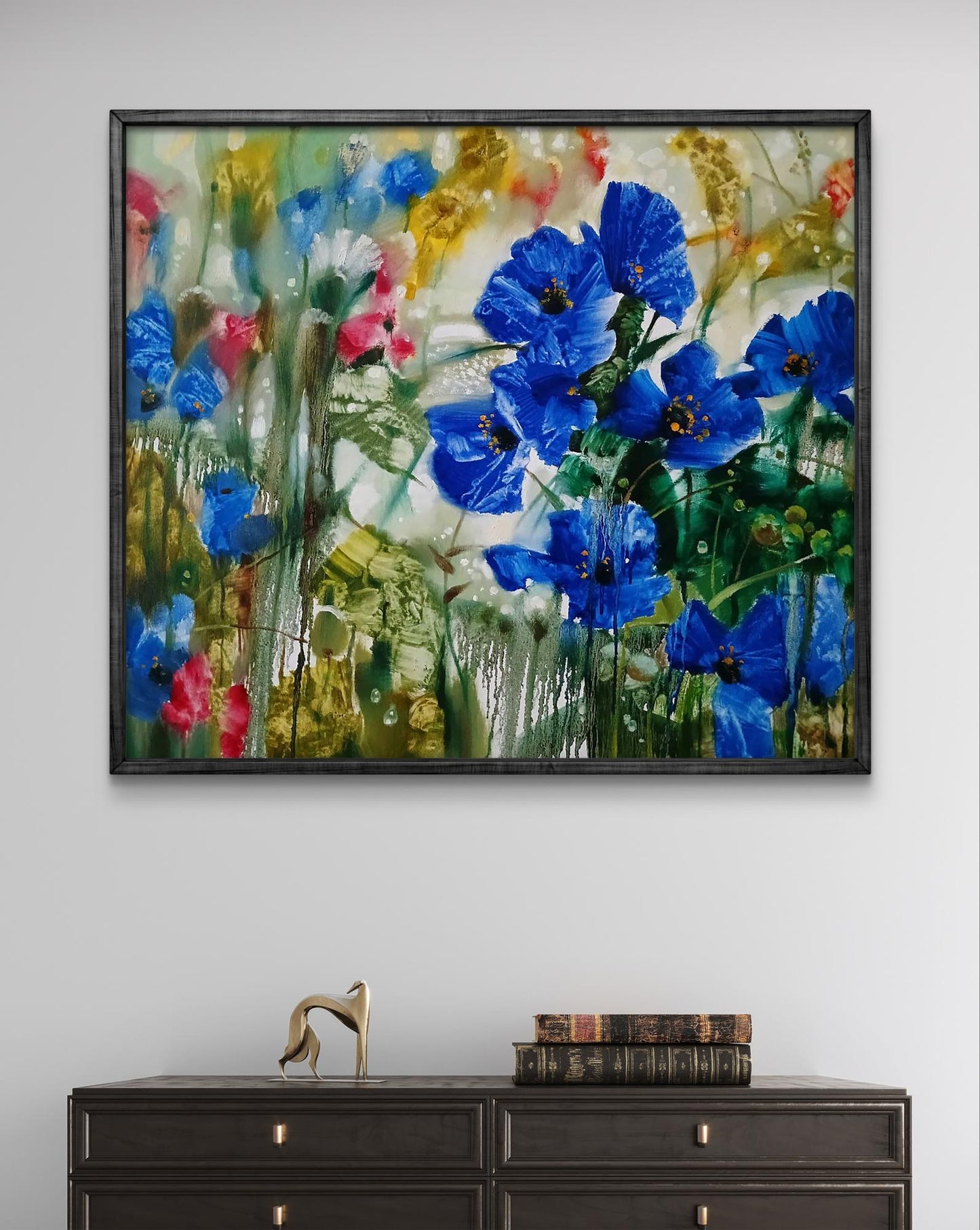 Abstract oil painting Morning Dew by Anatoly Tarabanov with blue poppies