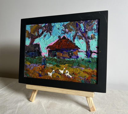 Oil painting of geese flock in evening by Oleksiy Ivanyuk, framed