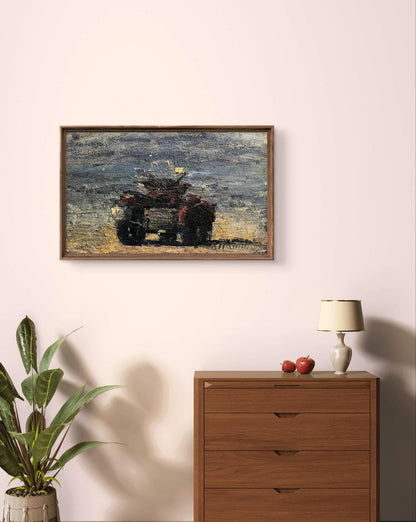 Oil painting of motorcycle on beach by Volodymyr Pashchenko in frame