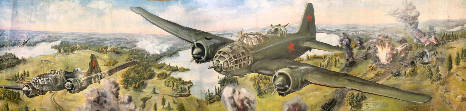Olive green Soviet Il-2 Sturmovik with red star over war-torn landscape oil painting