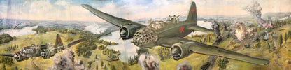 Olive green Soviet Il-2 Sturmovik with red star over war-torn landscape oil painting