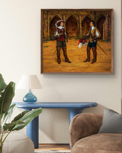 Oil painting Miracle Balm Valeriy Bulat: 16th-century armored men in stone archways