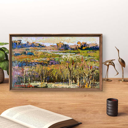 Oil painting River flood by Oksana Ivanyuk, textured landscape in greens, purples, yellows