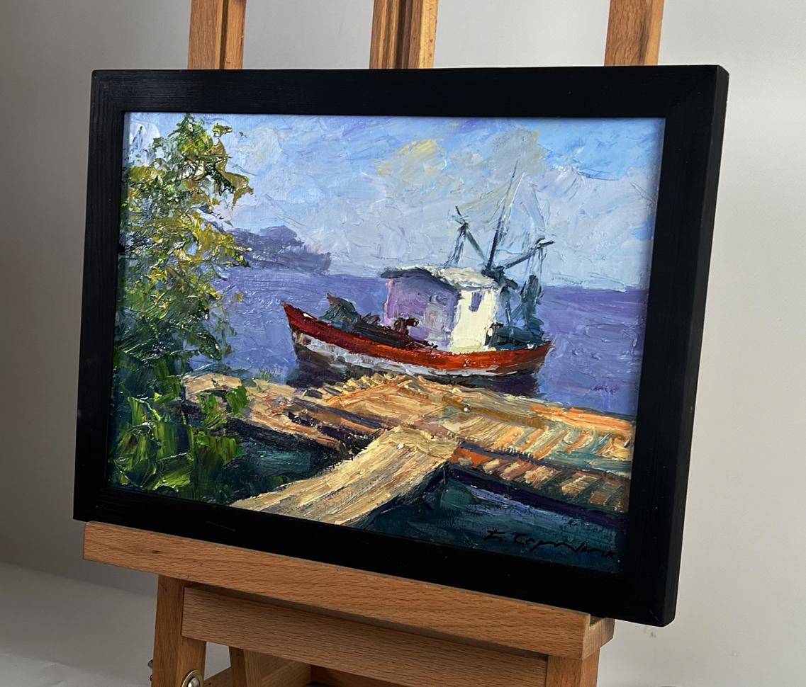 Oil painting Departure by river ferry Boris Serdyuk, black-framed boat on calm water