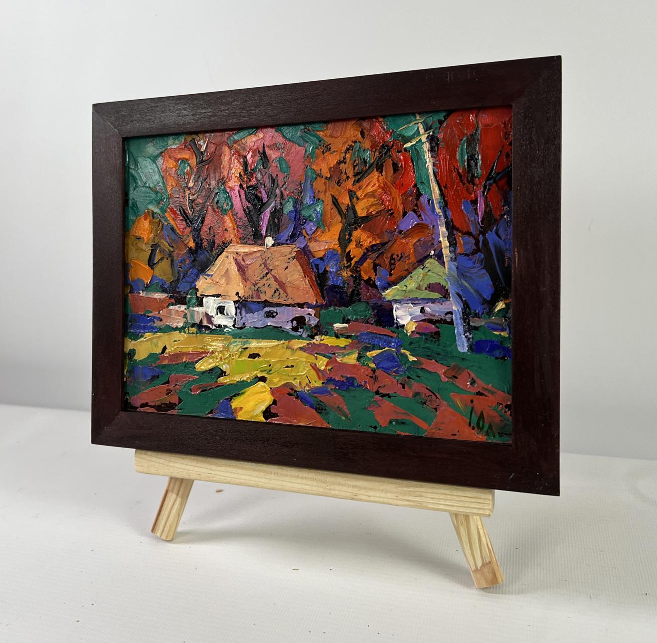 Oil painting Autumn is knocking on the windows by Oleksiy Ivanyuk in dark frame