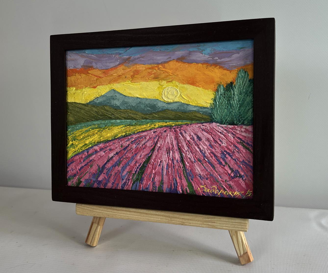 Vibrant oil painting of lavender field at sunset by V. Zadorozhnya in wooden frame