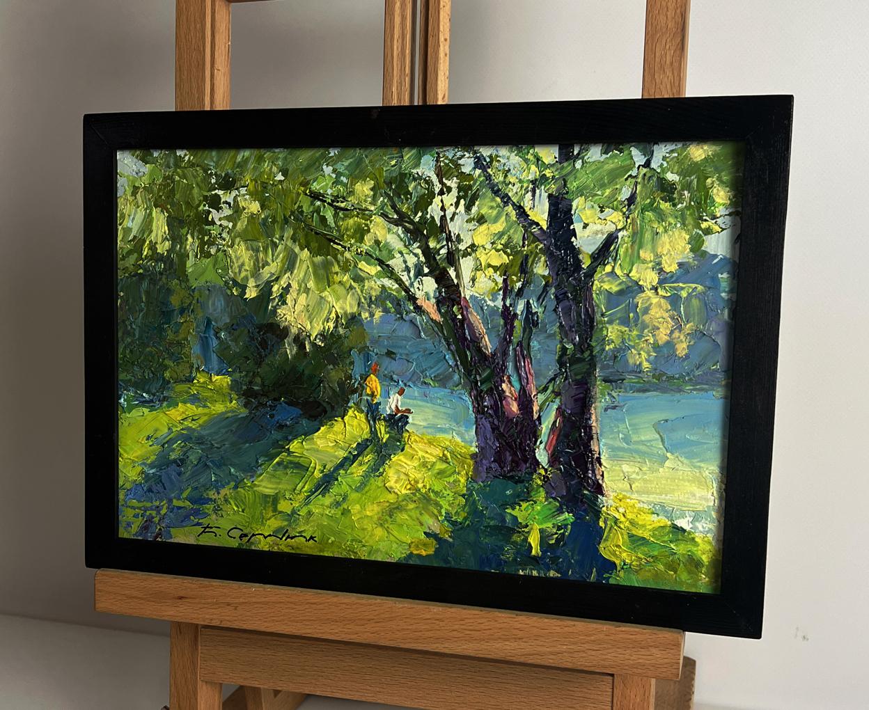 Oil painting Relaxing on the river by Boris Serdyuk in black frame
