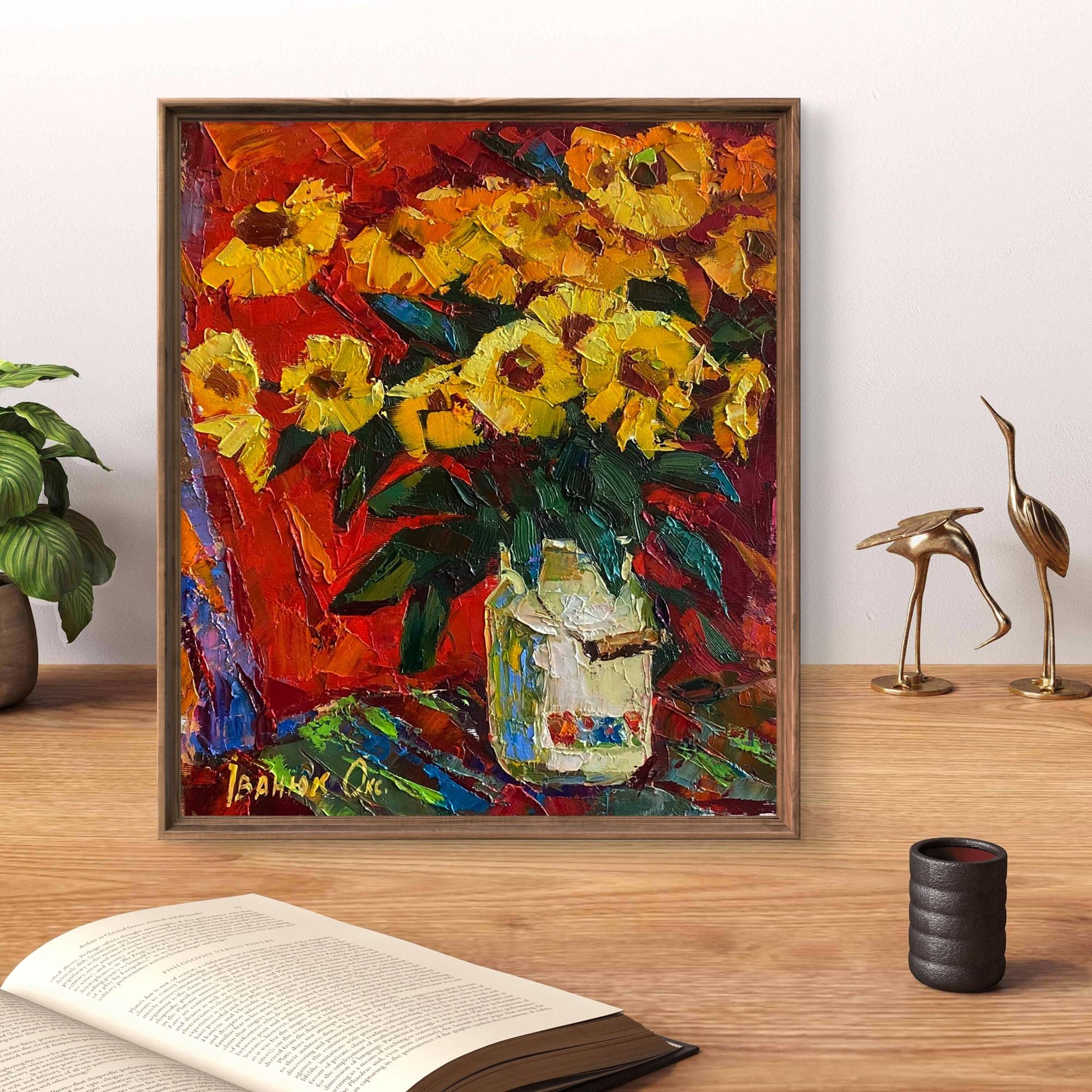 Vibrant impressionist oil painting of yellow sunflowers in glass jar by Oksana Ivanyuk