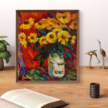 Vibrant impressionist oil painting of yellow sunflowers in glass jar by Oksana Ivanyuk