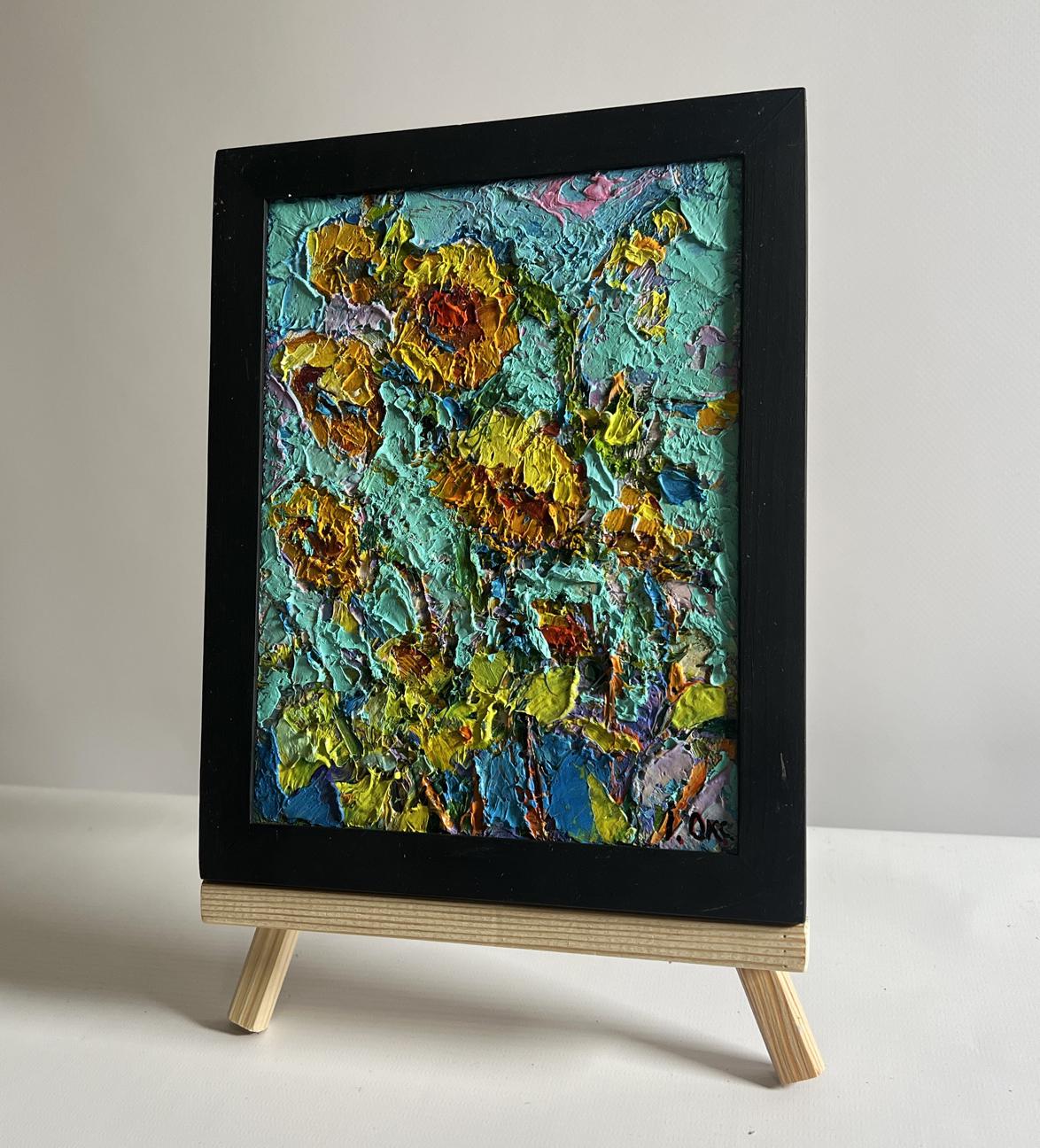 Oil painting Sunflowers in the field by Oksana Ivanyuk, vibrant yellow orange on teal in black frame