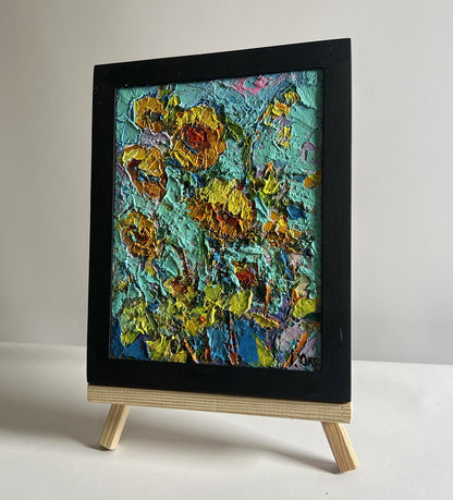 Oil painting Sunflowers in the field by Oksana Ivanyuk, vibrant yellow orange on teal in black frame