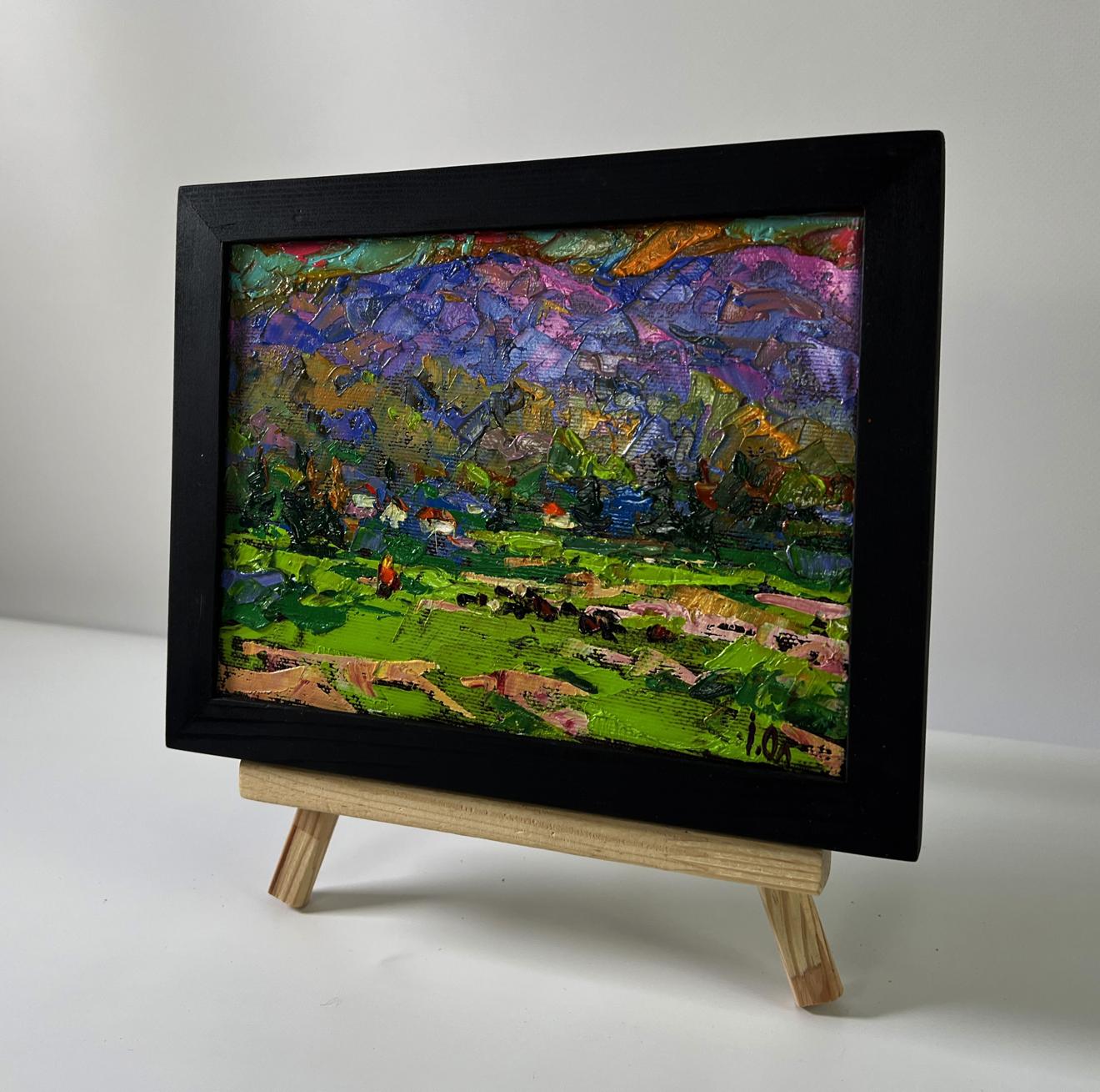 Oil painting Rural mountains by Oleksiy Ivanyuk in black frame