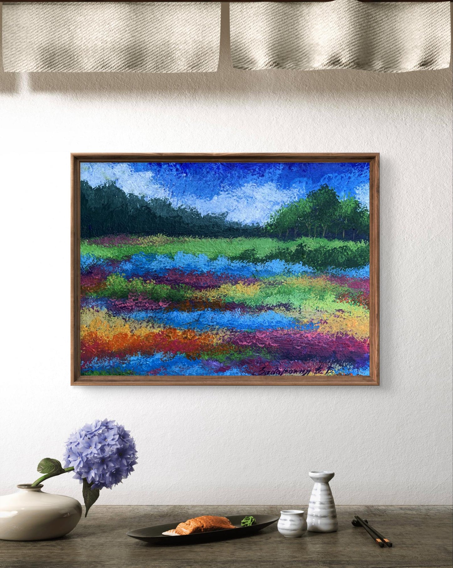 Vibrant Fields of Flowers oil painting by V. Zadorozhnya in wooden frame