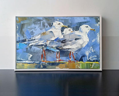 Oil painting Three little birds by Volodymyr Gluhomanyuk with seagulls