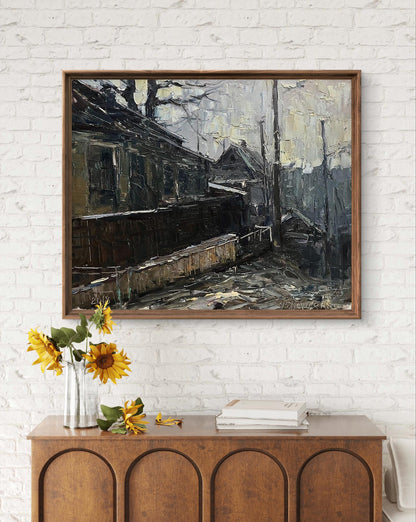 Framed oil painting Old street by Volodymyr Pashchenko moody village scene