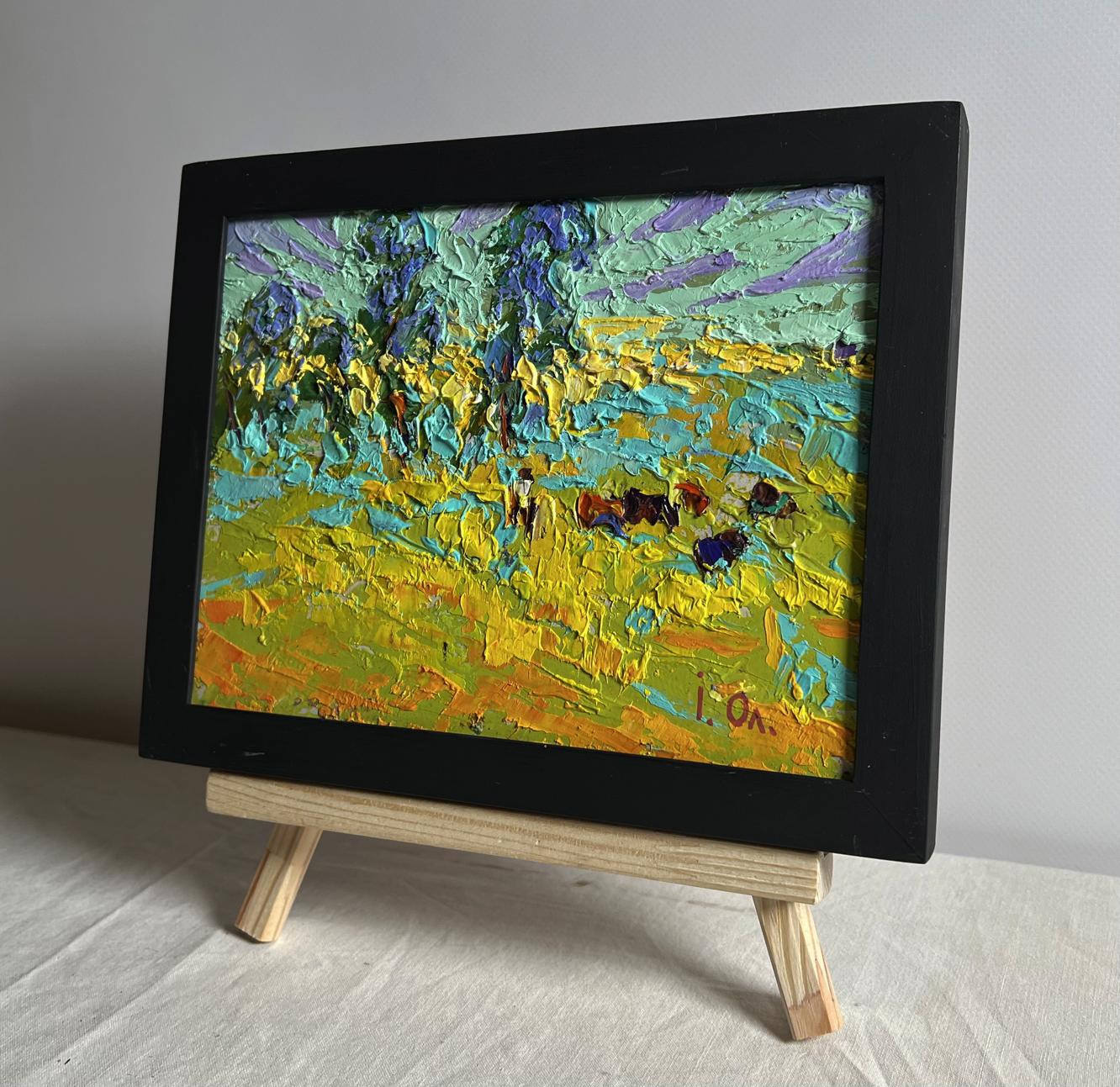 Oil painting In the spring meadows by Oleksiy Ivanyuk in black frame