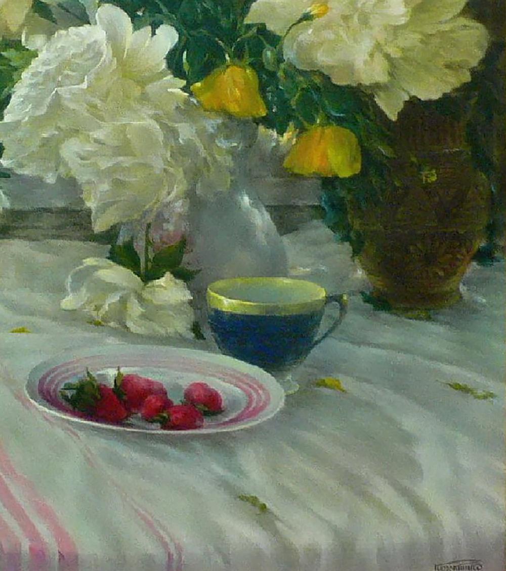 Oil painting by Vasily Korkishko of blue teacup, strawberries