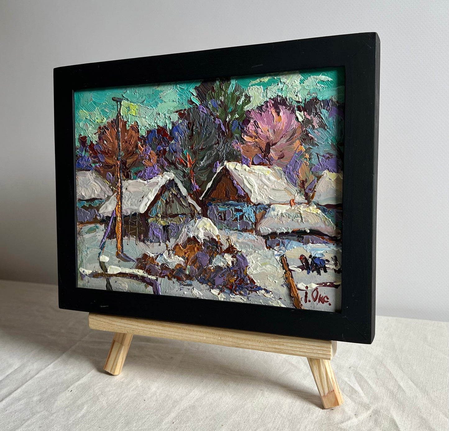 Framed impressionist oil painting The yard is covered in snow by Oksana Ivanyuk