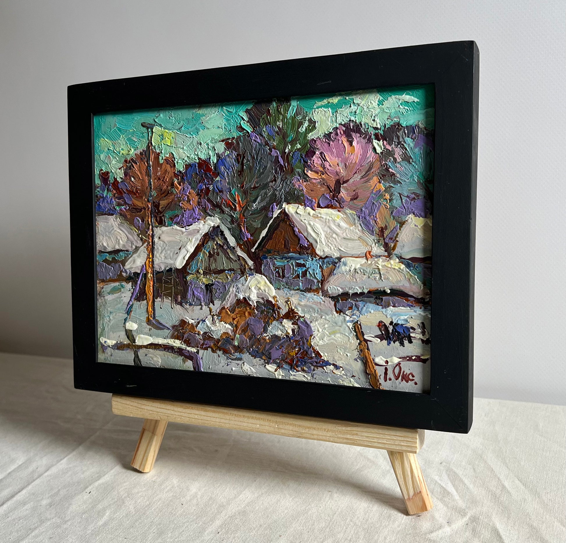 Framed impressionist oil painting The yard is covered in snow by Oksana Ivanyuk