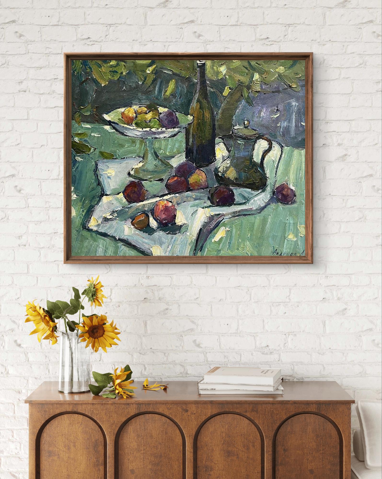Oil painting by Oleksandr Andreev: still life with green purple fruits, bottle, teapot
