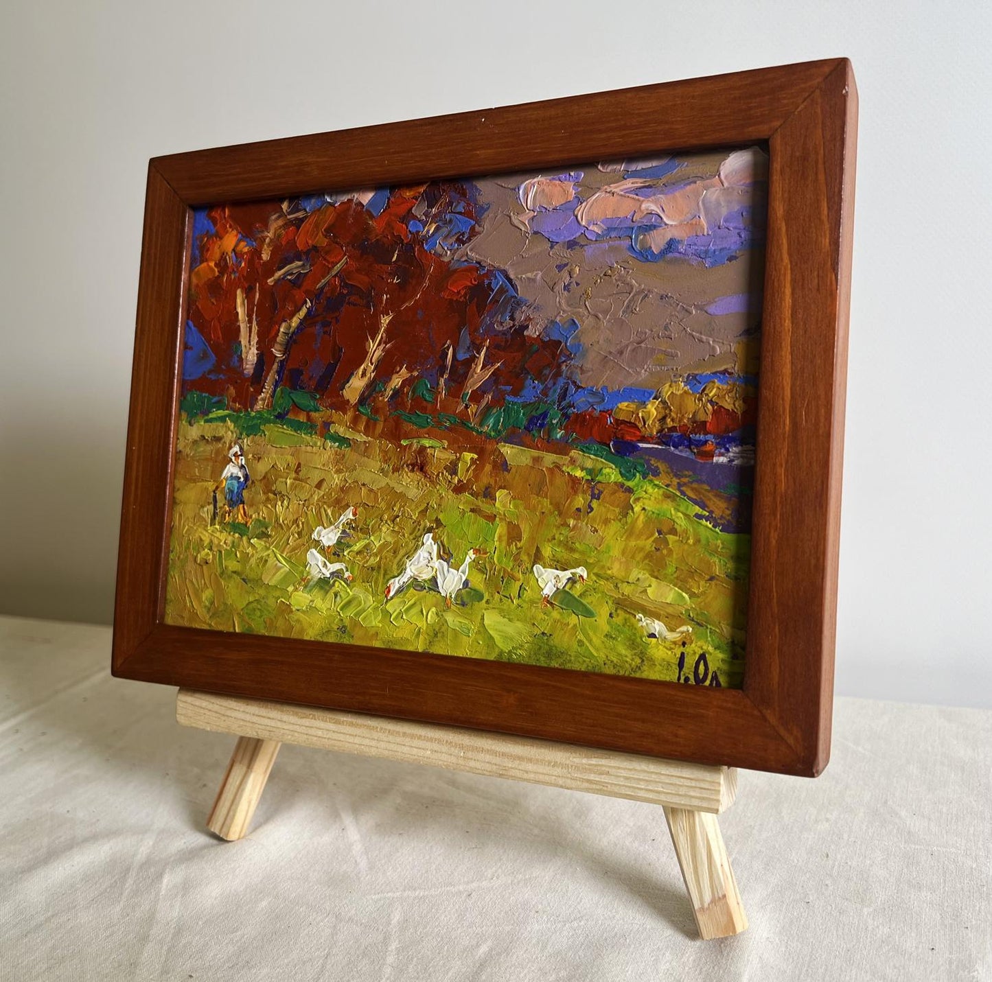 Oil painting Warm evening days by Oleksiy Ivanyuk: autumn landscape with geese