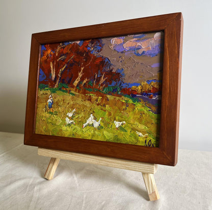 Oil painting Warm evening days by Oleksiy Ivanyuk: autumn landscape with geese