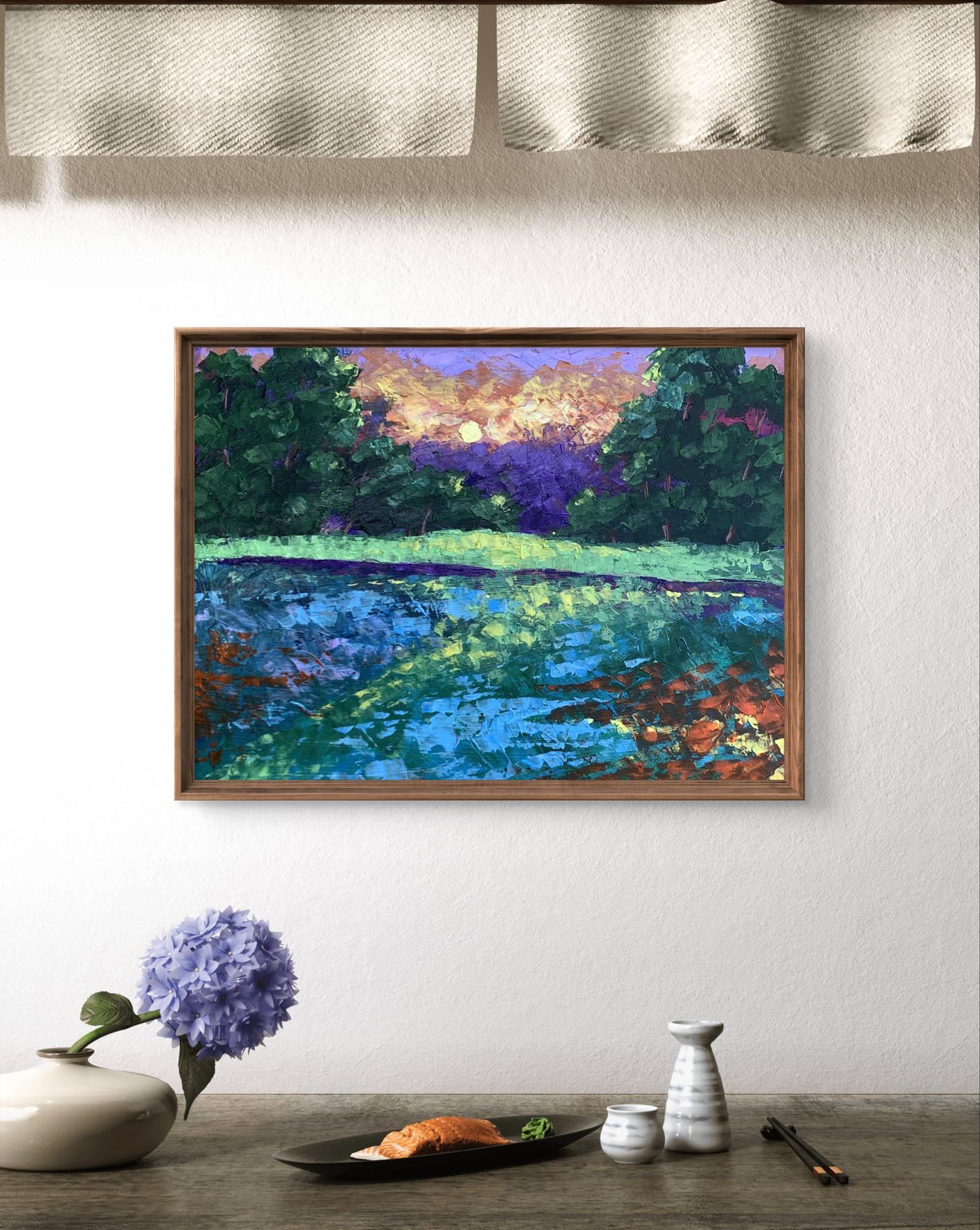 Oil painting Sunset behind the trees by V. Zadorozhnya, vibrant landscape