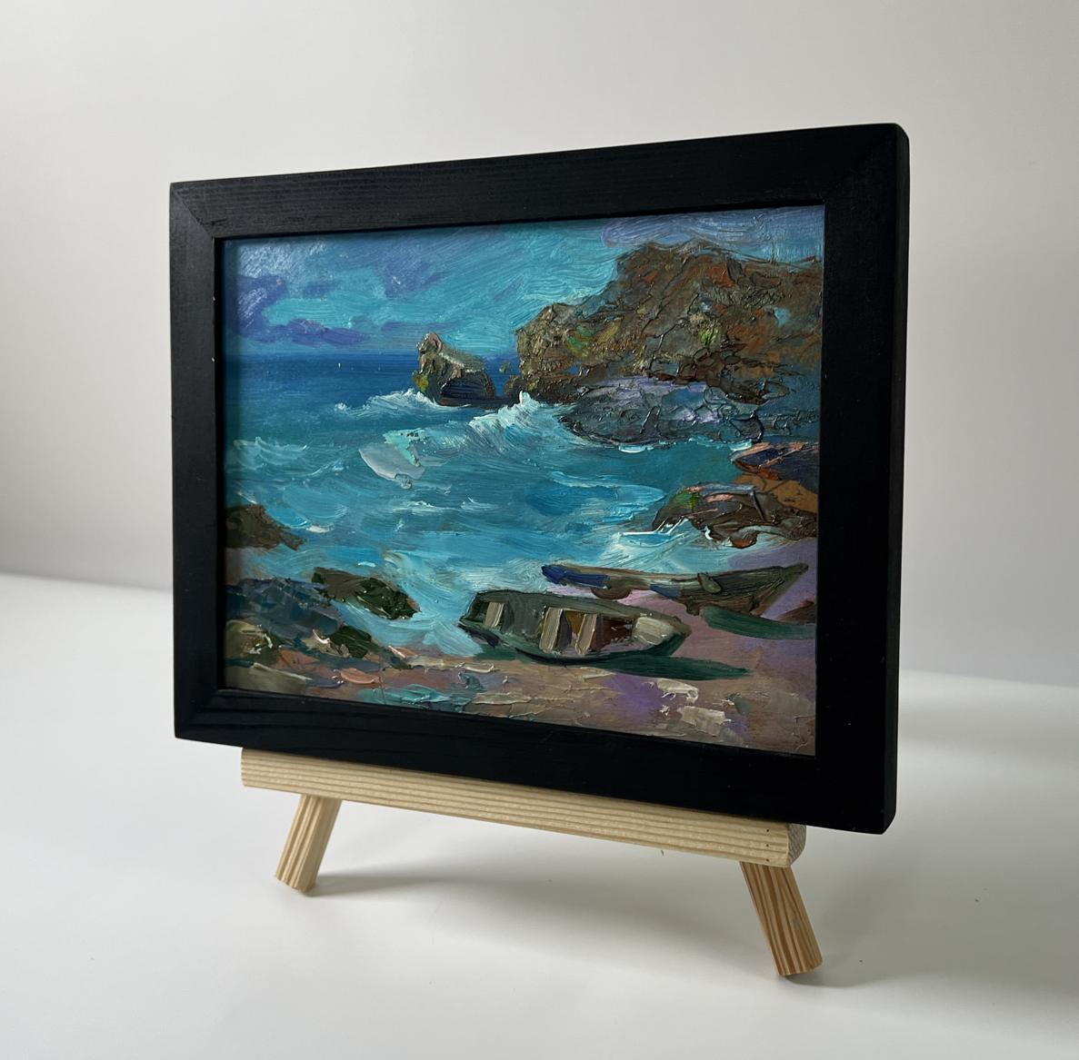 Oil painting Boats on the seashore by Yuriy Suprunchuk on wooden easel