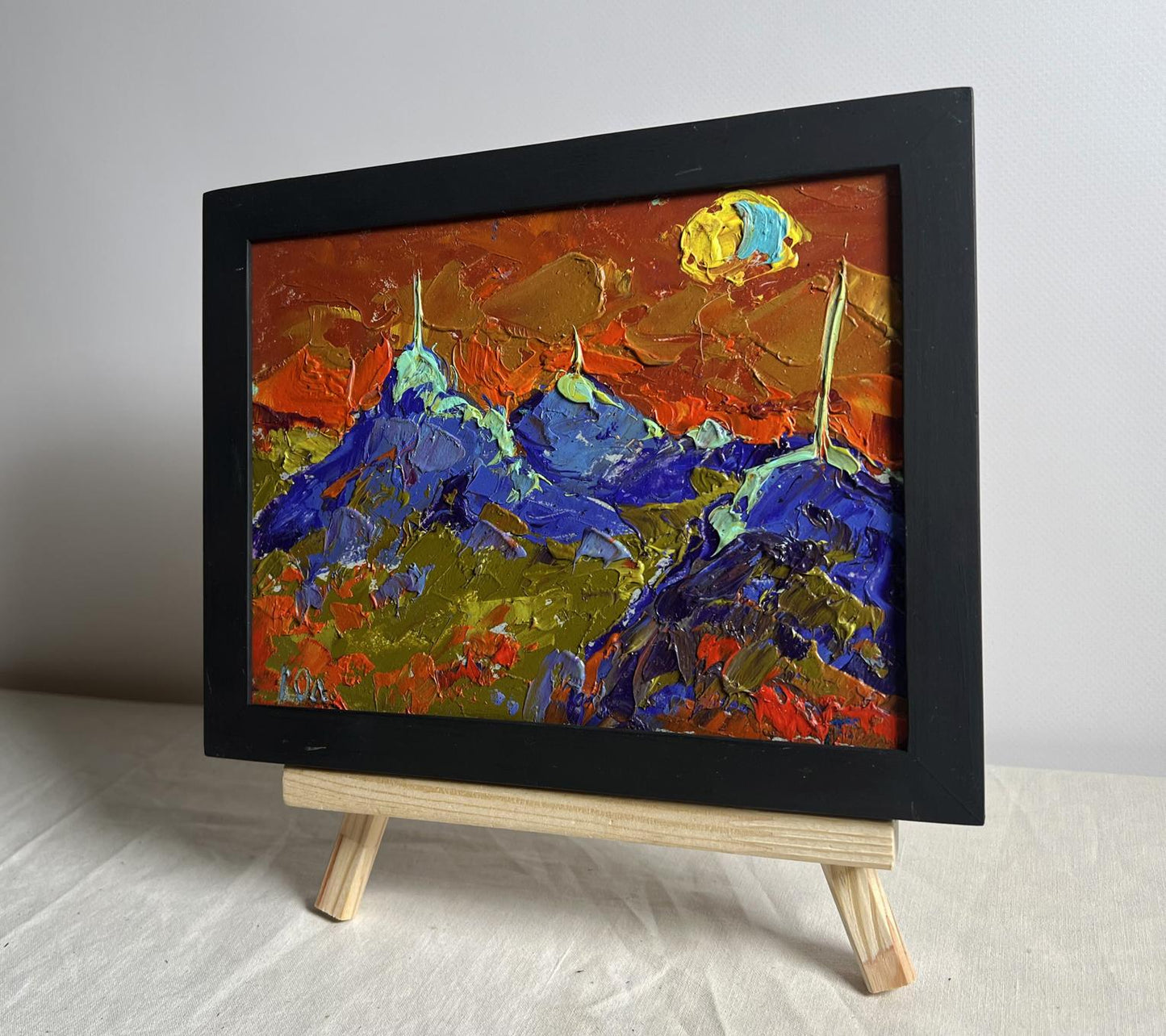 Oil painting Full moon in the field by Oleksiy Ivanyuk in black frame