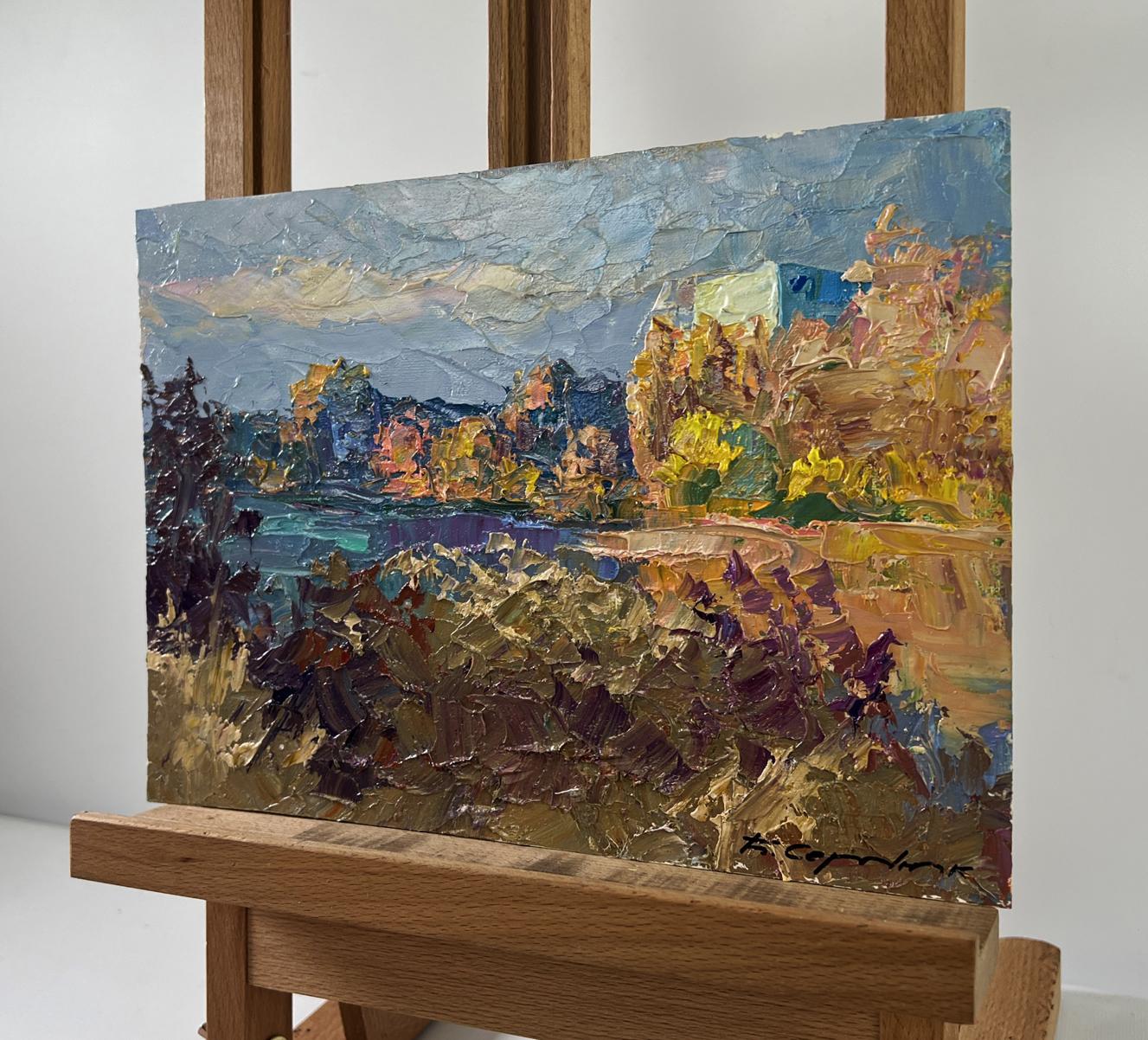 Oil painting August summer day by Boris Serdyuk, textured autumn impasto landscape