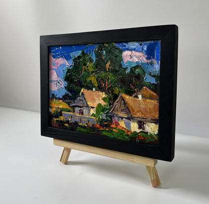 Vibrant impressionist oil painting Summer days in the village by Oksana Ivanyuk in black frame