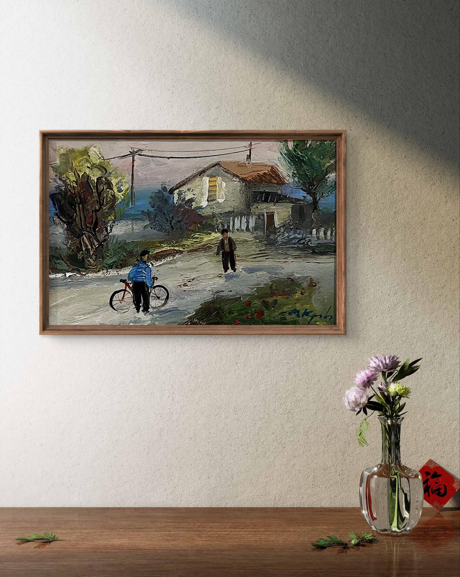 Framed oil painting by Dmytro Kravtsov of two figures walking rural road past house and trees