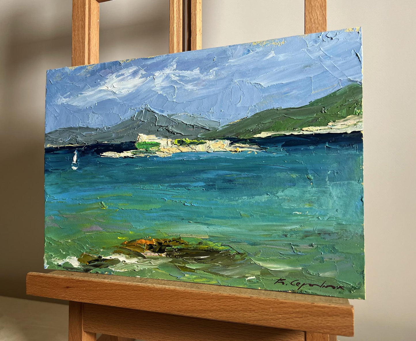 Oil painting Sea and mountains by Boris Serdyuk, coastal landscape