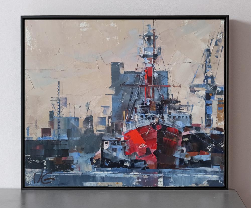 Framed oil painting Lighthouse ship return by Volodymyr Gluhomanyuk