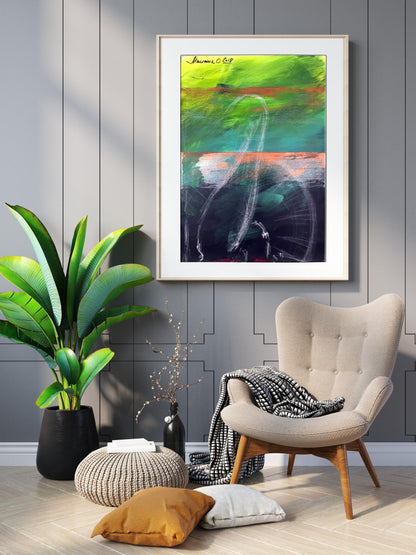 Framed abstract acrylic painting Joy Olga Melezhik with green teal black strokes