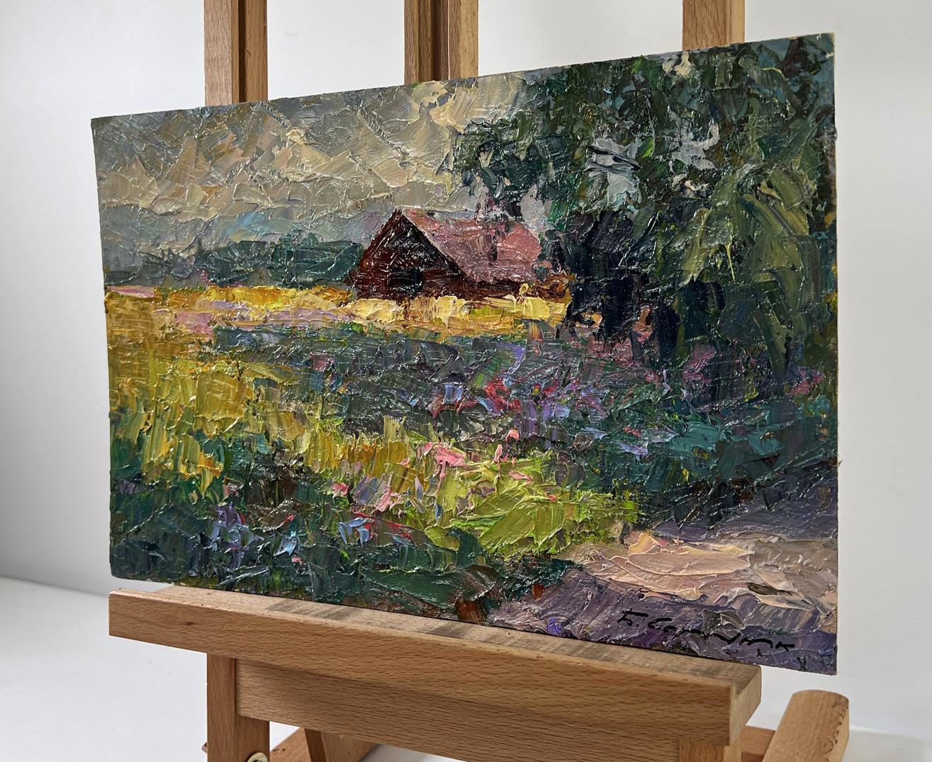 Oil painting Warmth in the Air by Boris Serdyuk: rustic red barn in flower field